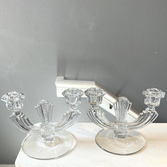 1930s Art Deco Glass Candle Holders Pair | Vintage Double-Arm Crystal Candelabra - Picture 3 of 7